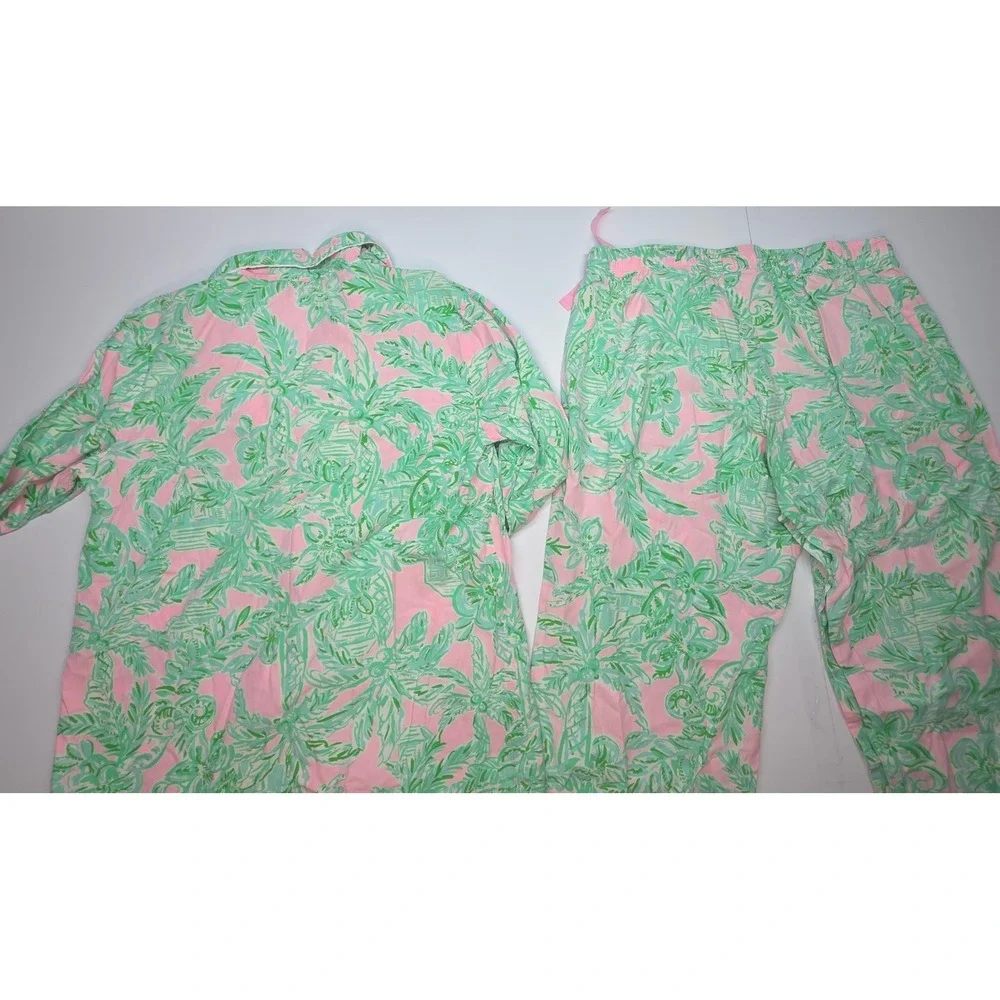 Lilly Pulitzer Pajama Set Pink Green Palm Print Long Sleeve Top Pants Small